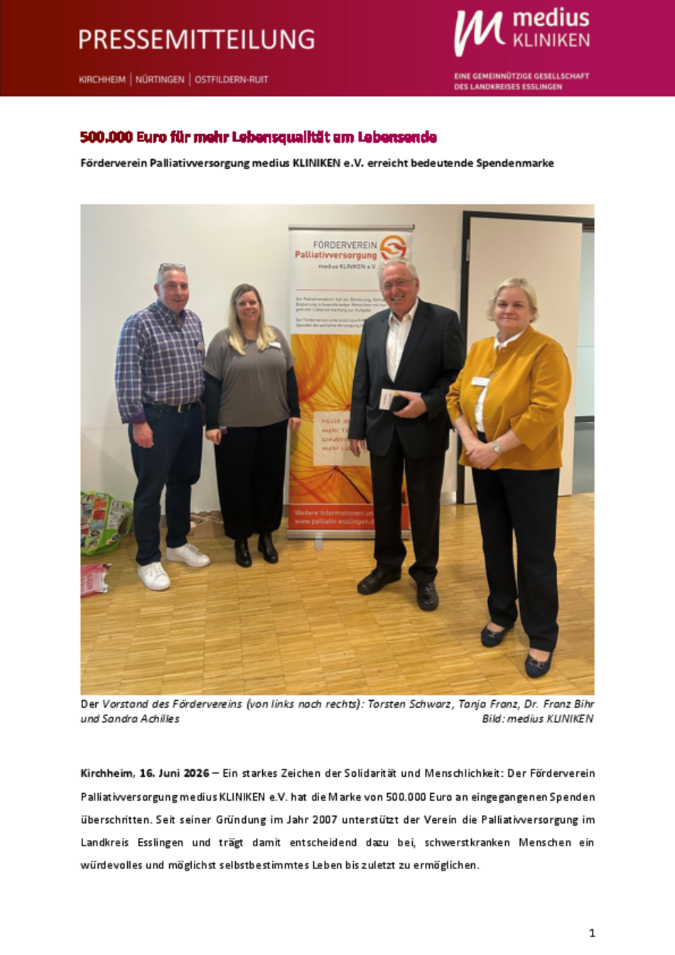 Pressemitteilung Spende Palliativ